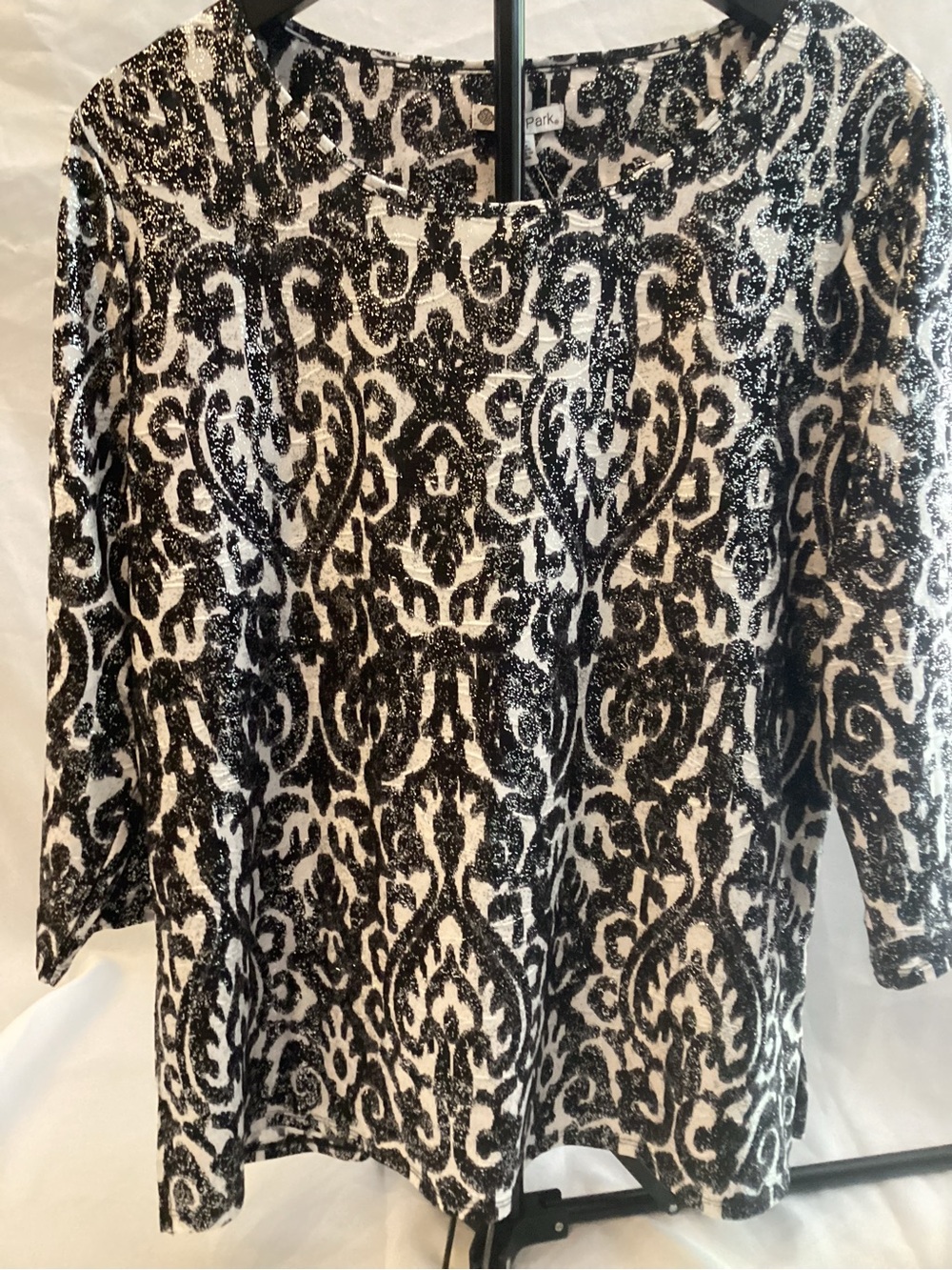 Kate Park Metallic Leopard Print Knit Top - Black & Cream with Sparkle